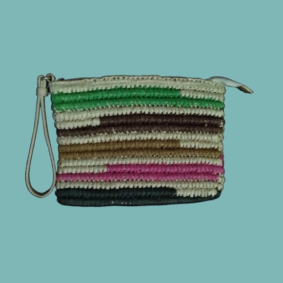 New Women’s Corded Striped Straw Beach Pouch/Wristlet/Wallet Multi-Color Stripes - Picture 2 of 13